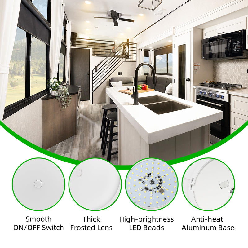 RV Puck Light 5Inch, Dimmable RV Light Fixture 12V, Camper Interior Light with Inbuilt Dimmer Switch, RV Ceiling Light for Boat Camper Trailer Car(Dimmable Warm White& Blue Nightlight, 6PCS) Warm White 6Pack