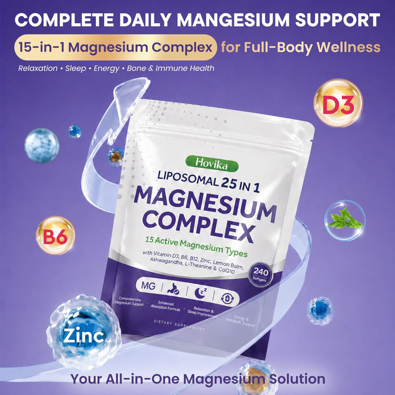25 in 1 Liposomal Magnesium Complex Contains Magnesium Glycinate, Citrate, Malate & More with D3, B6, Zinc, L-Theanine, Ashwagandha & CoQ10 Supports Muscle, Sleep, Nerves & Stress Relief, 240 Softgels 240 Count (Pack of 1)
