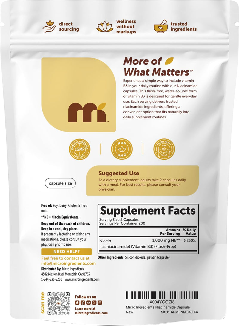 Vitamin B3 Niacinamide 500mg Per Capsule, 400 Capsules | 1,000mg Flush Free Niacin Per Serving, Essential B Vitamin Supplement | Non-GMO, Gluten Free