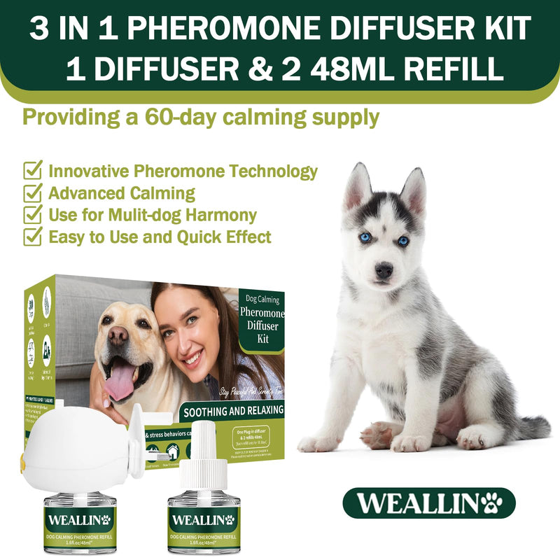 WEALLIN Dog Calming Diffuser Kit 3-in-1 Dog Pheromone Diffuser Set 1 Diffuser + 2 Refill 48ml Vials - 60 Days of Calming and Relaxing 1 diffuser, 2 refills