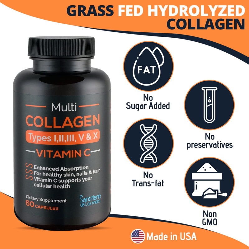 Multi Collagen Pills (Types I, II, III, V & X) + Vitamin C + Absorption Enhancer (1 Month Supply) - Collagen Supplements to Support Hair, Skin, Nails, Joints, & Gut Health