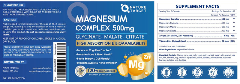 NATURE TARGET Triple Magnesium Complex 500mg, 120 Vegan Capsules | Chelated Glycinate, Malate, and Citrate with Zinc and Vitamin D3 for Muscle, Nerve, Bone, and Immune Support 120 Count (Pack of 1)
