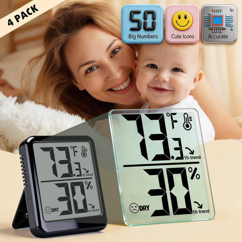 4-Pack Room Thermometer Indoor Hygrometer, Small Digital Temperature and Humidity Monitor Sensor, Temperature Humidity Gauge Meter for Home Baby Room, Plants, Pets - AAA Battery Included Black - Upgraded Version - BeesActive Australia