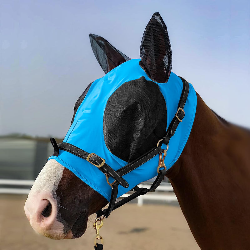 Horse Fly Mask with Ear, Elastic Horse Face Cover with Large Mesh Cover, Comfortable and Breathable Horse Face Cover, Riding Protection (Blue) Blue - BeesActive Australia