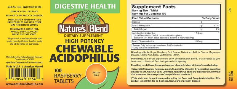 Nature's Blend Acidophilus Probiotic Supplement - 100 High Potency Capsules - Digestive Health, Gut Flora Balance 100 Count (Pack of 1)