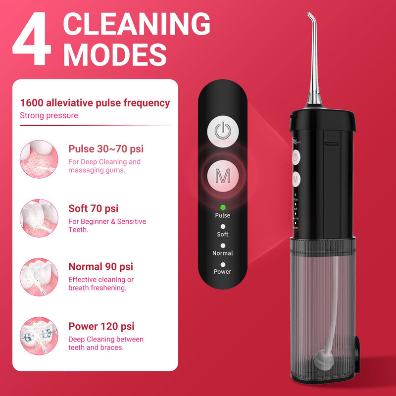 Mini Portable Water Flosser Oral Irrigator Water Teeth Cleaner Pick, Telescopic Water Tank, 4 Modes & IPX7 Waterproof, Home & Travel Water Flossers for Teeth, Braces Bridges Care. (Black) Black