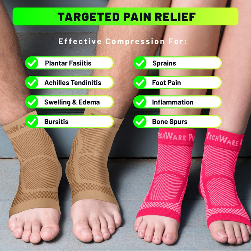 TechWare Pro Ankle Brace Compression Sleeve - Plantar Fasciitis Sock. Relieves Achilles Tendonitis. Foot Arch Support Reduces Joint Pain, Swelling & Heel Spur Pain. Injury Recovery Braces for Sports Beige L / XL (see size chart) - BeesActive Australia