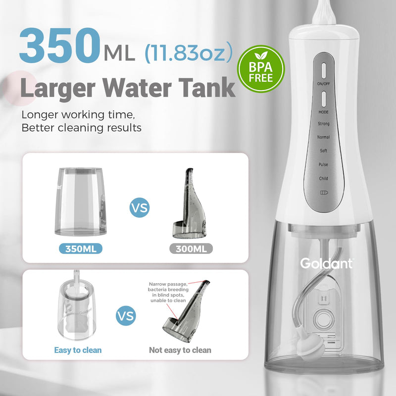 2026 New 350ML Water Flosser with Drainage & Storage Stand, Keeps Dry & Clean, 5 Modes, 360°Nozzle, Cordless Rechargeable, IPX7 Waterproof, Portable for Home & Travel (White) White - BeesActive Australia