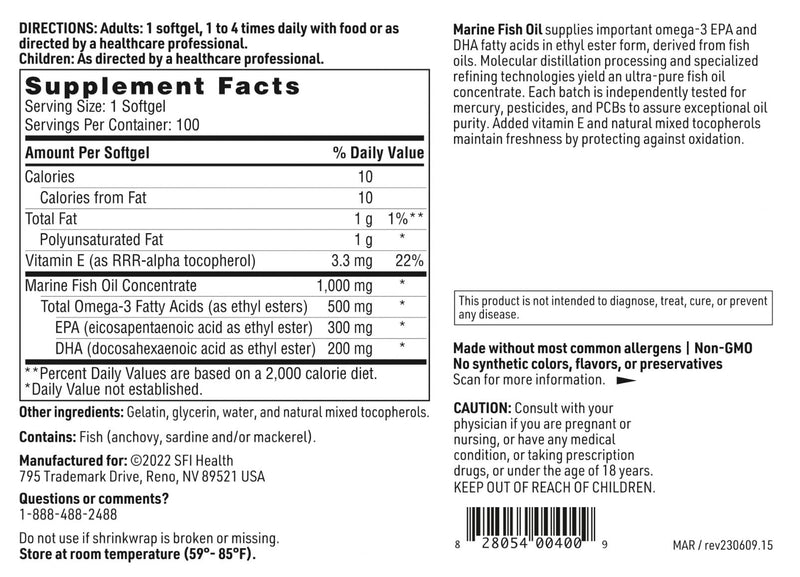 Klaire Labs SFI Health Marine Fish Oil, 100 Softgels | Ultra Pure 300 Milligrams EPA & 200 Milligrams DHA Omega 3 Unflavored Fish Oil with No Fishy Taste