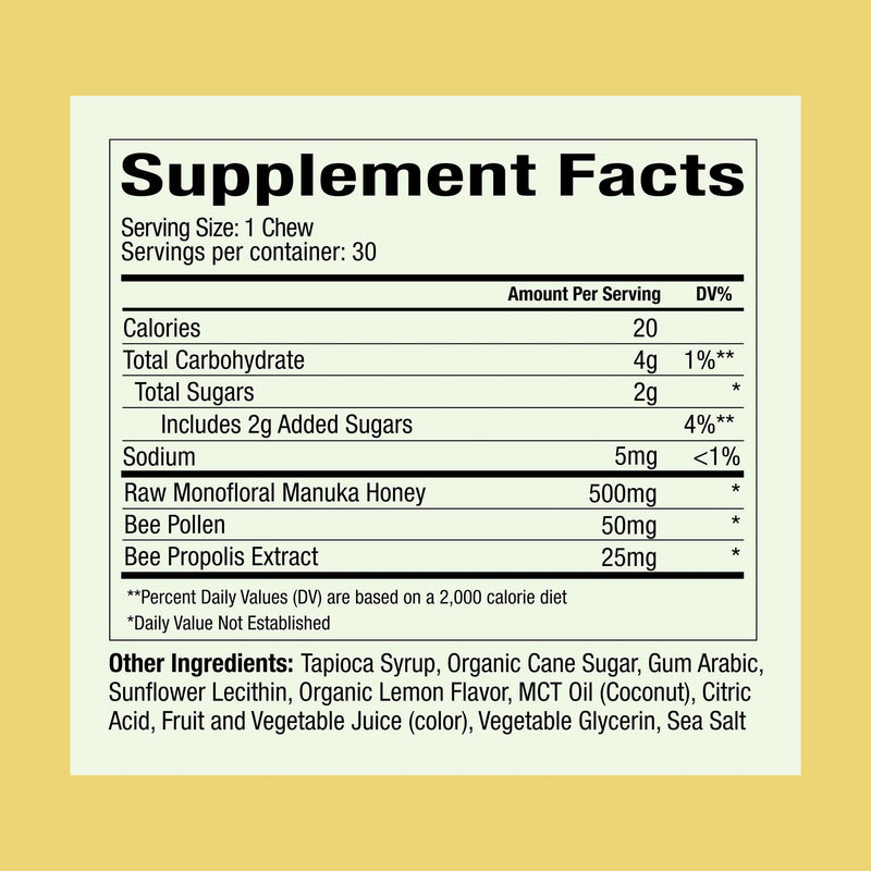 Plant People WonderBee Superfood Manuka Honey Chews, Lemon, 30 Count | Daily Wellness & Energy Support, Bee Pollen & Propolis, Gluten-Free Supplement Lemon - Immunity & Overall Wellness