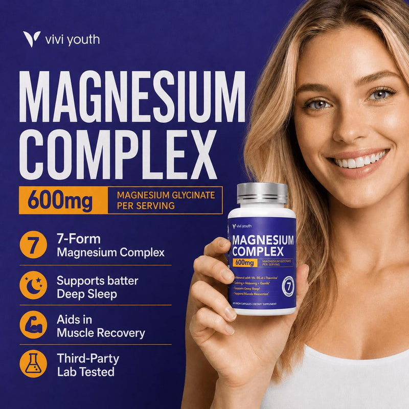 Magnesium 7 Complex for Women with 600mg Glycinate, 60 Capsules | 1600mg Blend with L-Theanine and Vitamin B6 for Sleep Support, Relaxation and Muscle Recovery, 30-Day Supply 60 Count (Pack of 1)