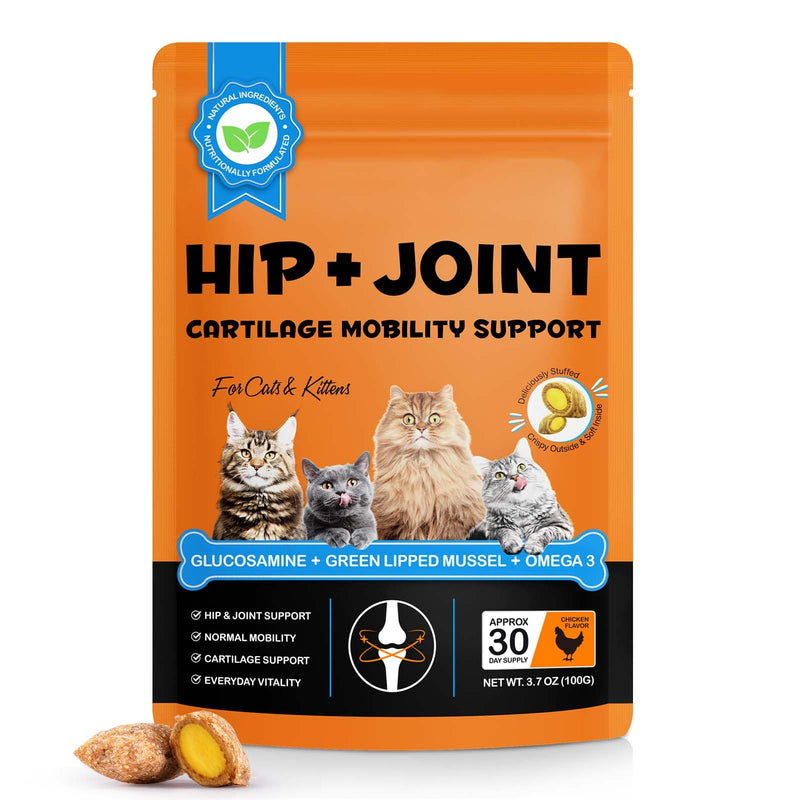 Cat Joint Supplement, Hip +Joint Supplement for Cats Crunchy & Creamy Chews with Glucosamine, Chondroitin & Omega-3s Supports Mobility, Flexibility & Comfort for Indoor & Outdoor Cats - Chicken 1PCS