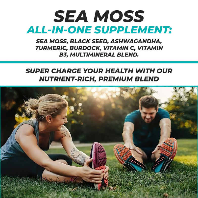 Sea Moss, Black Seed, Ashwagandha, Turmeric, Burdock, Vitamin C, Vitamin B3, Multimineral Blend, All-in-One Supplement for Men and Women, Vegan, Gluten Free, Non-GMO, 60 Capsules