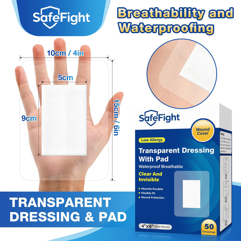 Transparent Film Dressing with Pad 50 Pack,Waterproof Adhesive Bandages for Wound Care,IV Shield, Tattoo Aftercare, Shower Protector(4"x 6") 4"x 6"