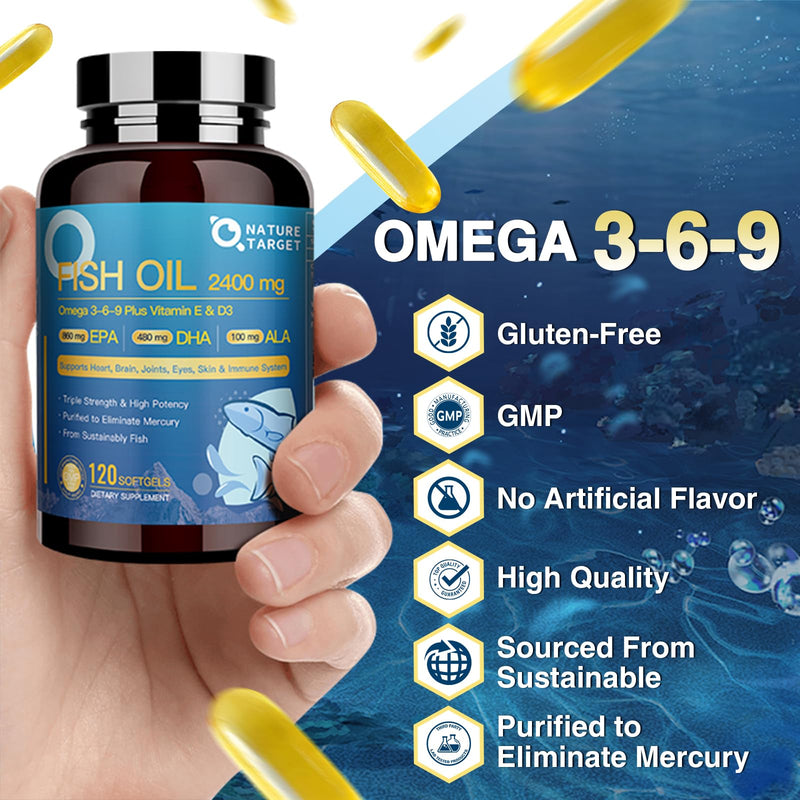 NATURE TARGET Triple Omega 3 6 9 Fish Oil 2400mg, 120Softgels | Vitamin D3 & E, EPA & DHA & ALA, Supports Heart, Brain, Joint & Immune Health, Sustainably Sourced, Non-GMO 120 Count (Pack of 1)