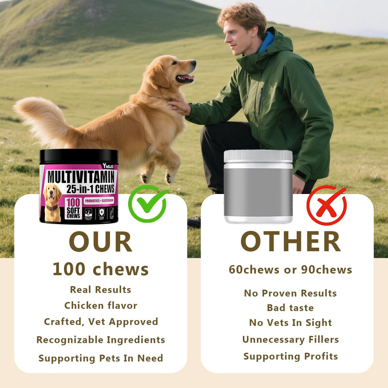 25-in-1 Dog Multivitamin Chewable with Probiotics,Dog Vitamins and Supplements Hip & Joints,Pets Immune Support,Skin,Coat,Heart,Gut Health Omega 3,Glucosamine for All Puppy,Adult & Senior Dogs
