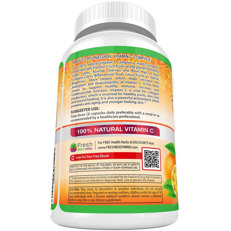 Fresh Healthcare Vitamin C 500mg Capsules, Whole Food Natural Supplement from Rose Hips, Acerola Cherry and Camu Camu with Citrus Bioflavonoids and BioPerine for Immune Support, 120 Vegan Pills