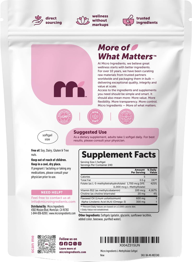 Micro Ingredients L-Methylfolate 1000mcg, 240 Softgels | 5-MTHF Active Folate with Methylcobalamin B12, Choline & Flaxseed Oil | High Absorption Methylated B9 Supplement for Methylation Support*