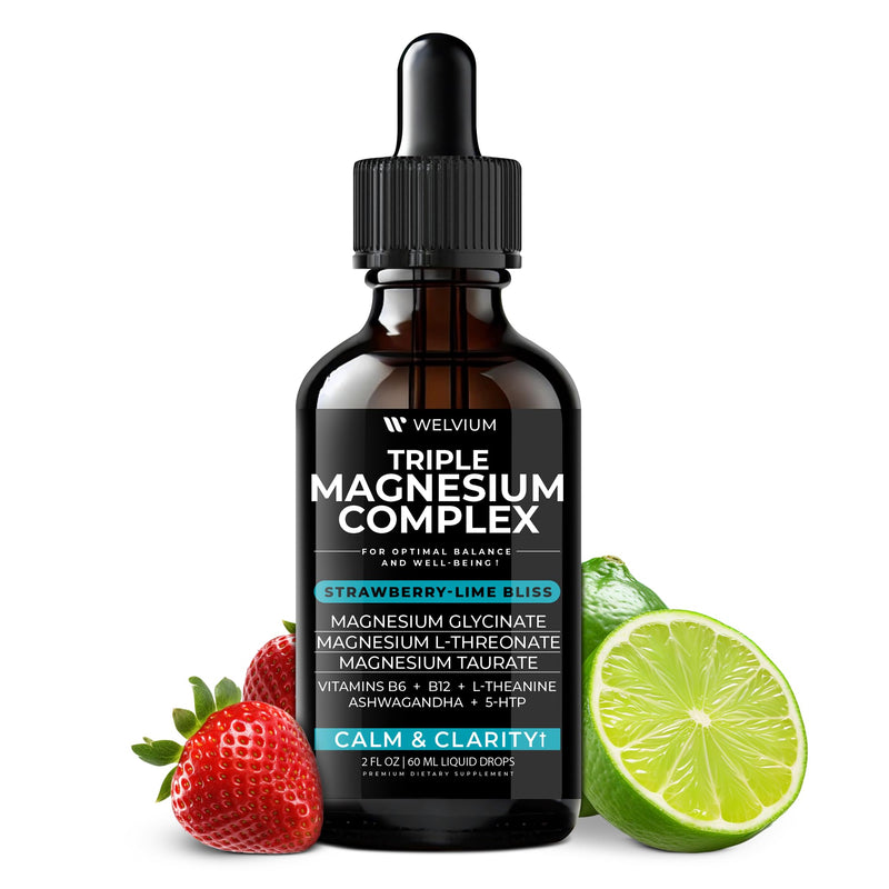Triple Magnesium Complex Liquid Drops with Ashwagandha, L-Theanine, 5-HTP | Magnesium Glycinate Supplement, L-Threonate & Taurate, Ashwagandha, L-Theanine, 5-HTP, Vitamins B6, B12, Bromelain & Inositol