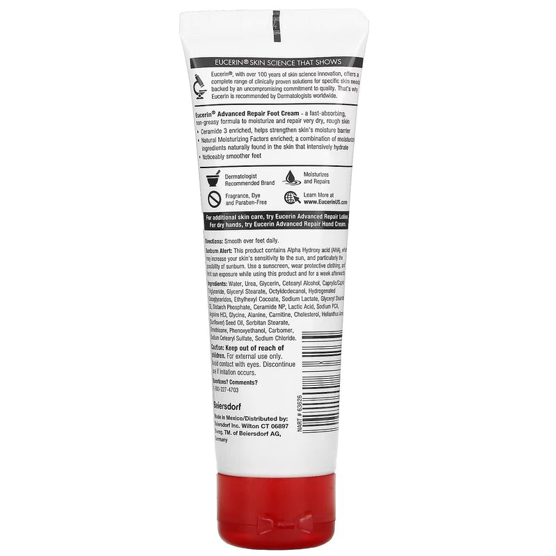 Eucerin Advanced Repair Foot Cream, Very Dry Skin, Light, Fragrance-Free, 3 oz 3 Ounce (Pack of 1)