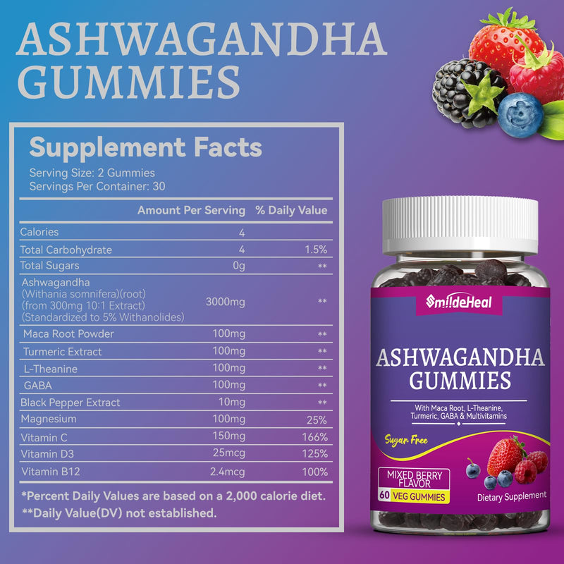 Ashwagandha Gummies 3000mg for Calm & Stress Relief, 120 Count, Vegan | Ashwagandha High Strength Root Extract Supplement with L-Theanine, Trumeric, D3 for Women & Men - Natural Mixed Berry Flavor 60 Count (Pack of 2)