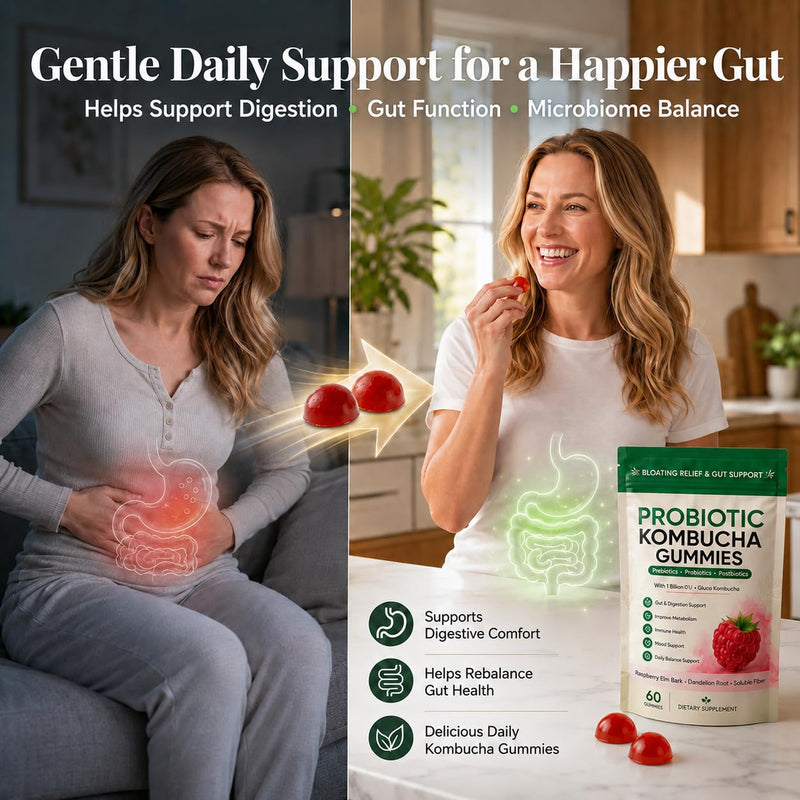 Jevawell Kombucha Gummies, Prebiotic Probiotic Postbiotic Formula, Digestive & Gut Health Support, Microbiome Balance & Digestive Comfort, Vegan, Non-GMO, 60 Gummies (1 Peak) 1 Peak
