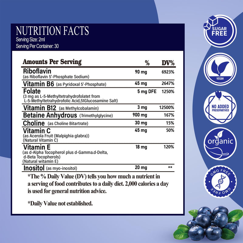 2 Pack Methylated B Complex Liquid Drops Complete 9-in-1 Methyl B Vitamins w. B12 Methylfolate Inositol Choline TMG Vitamin C E, Super B-Complex Methylated for MTHFR Support, Energy Mood Nerve Health1
