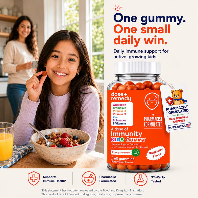 A Dose of Immunity Kids Immune Support Gummies, Quercetin & Zinc 120 Count | 7-in-1 Immune Support for Kids 4+: Quercetin, Bromelain, Vitamin C, D3, Zinc, Echinacea & B Vitamins Vegan Raspberry Gummy 2 Pack Kids (120 Count)
