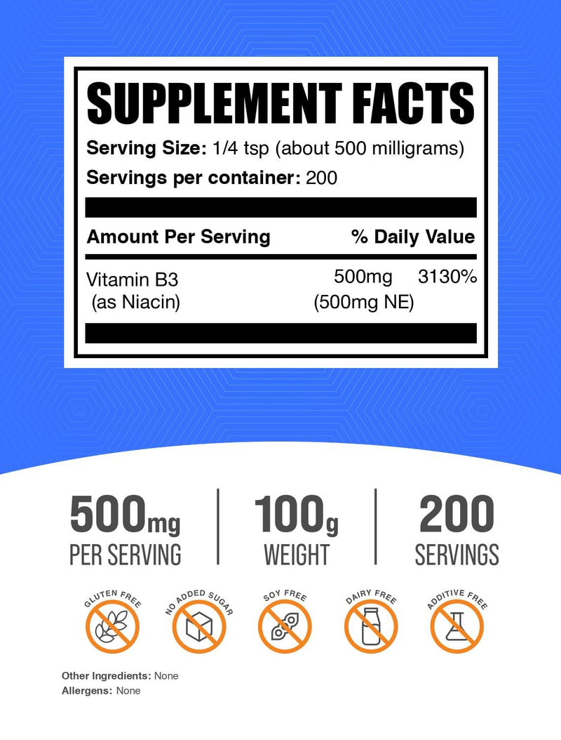 BulkSupplements.com Niacin Powder - Vitamin B3 Supplement, Niacin Flush - Gluten Free, 500mg per Serving, 100g (3.5 oz) (Pack of 1) 3.5 Ounce (Pack of 1)