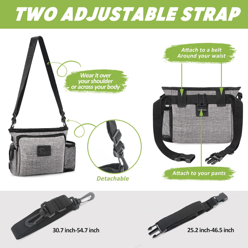 Large Dog Treat Pouch for Training with Magnetic Closure, Portable Dog Walking Fanny Pack Built-in Poop Bag Dispenser and Multiple Pockets, Includes Waist Belt Clip, Adjustable Shoulder Strap (Grey) Grey - BeesActive Australia