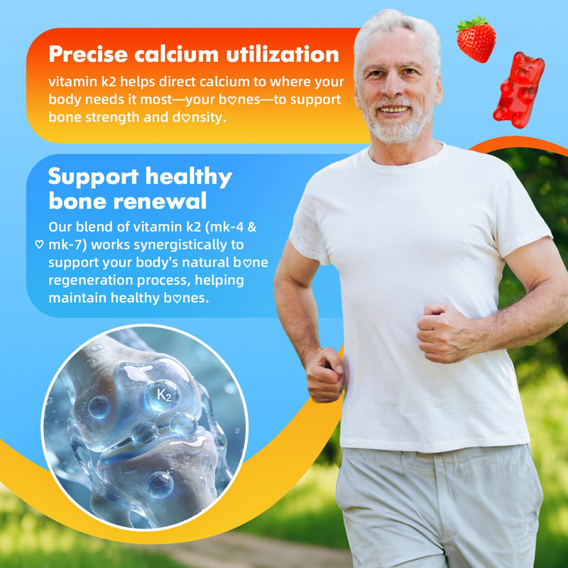 Vitamin K2 Gummies, Dual Formula Vitamin K2 Supplement with MK-7 & MK-4, Supports Bone Health, Gluten-Free, Sugar-Free, Non-GMO, Strawberry Flavor, 60 Gummies 60 Count (Pack of 1)