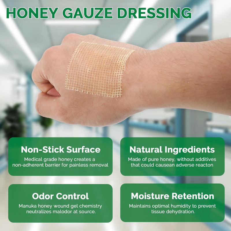 Greetmed Honey Gauze Dressing 2'' x 2'' Sterile Honey Wound Dressing, Medical Grade Manuka Honey Patches for Faster Wound Care | Burns | Traumatic Wounds and Laceration (Individually Pack of 10) 2“ x 2”(10 Packs)