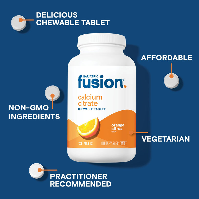 Bariatric Fusion Calcium Citrate Chewable Tablet | Orange Citrus Flavored | Chewable Calcium Citrate | Bone Health Support* | Gluten, Dairy and Soy Free | Non-GMO | 124 Count