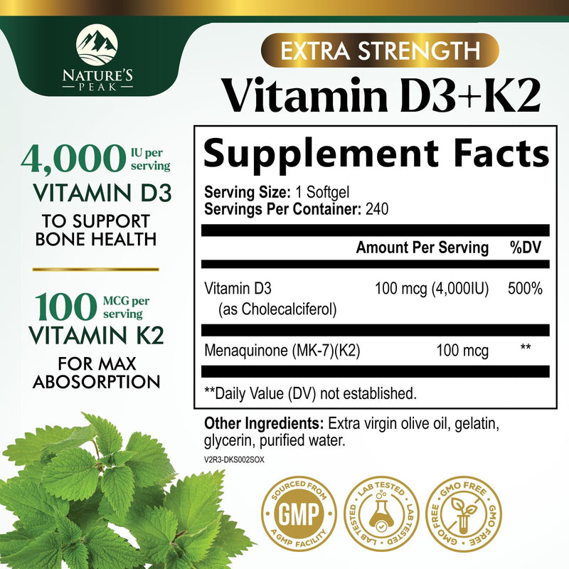Vitamin D3 K2 - High Potency Vitamin D3 + K2 - 2-in-1 Complex Vitamin D & K2 (MK7) Supplement - Gluten Free - Bone & Immune Support - Vitamin D3 4000 IU Per Softgel - Bottled in the USA - 240 Softgels 240 Count (Pack of 1)
