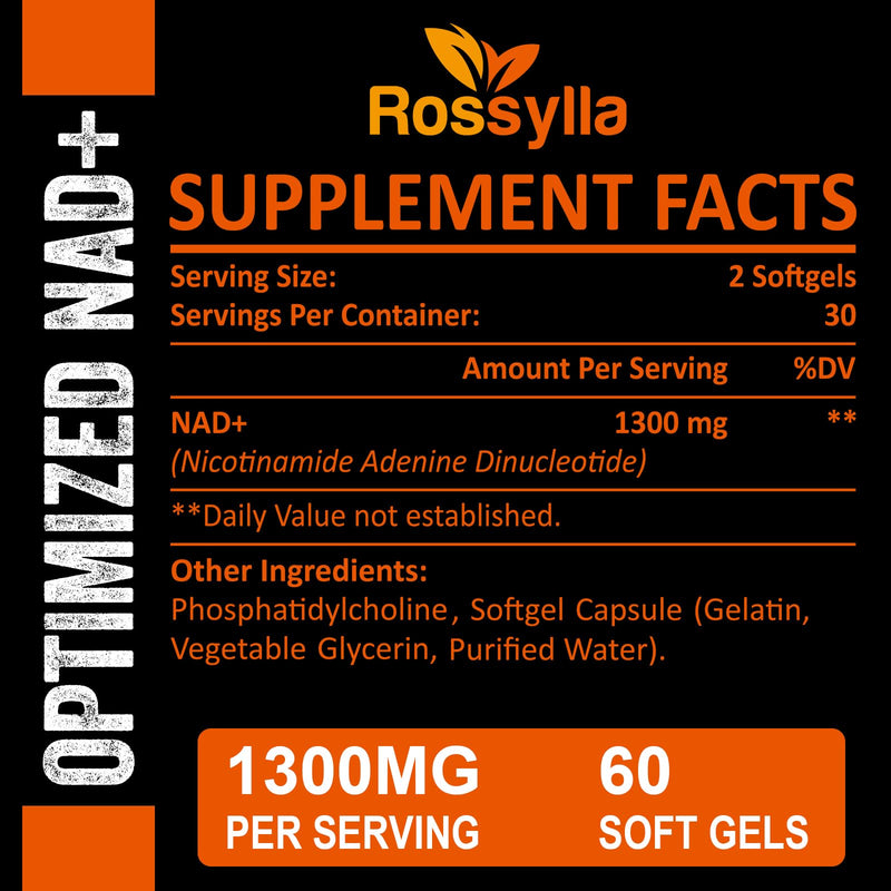 Rossylla Liposomal NAD+ Supplement, 1300 mg per Serving, NAD Plus Supplement with Liposomal Delivery, Supports Cellular Energy and Healthy Aging, 120 Softgels 60 Count (Pack of 2)