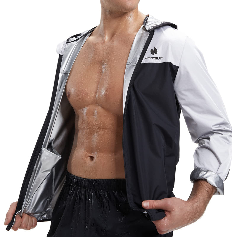 HOTSUIT Sauna Suit for Men Weight Loss Sweat Suits Gym Workout Exercise Sauna Jacket Pant Full Body Only White Jacket Large