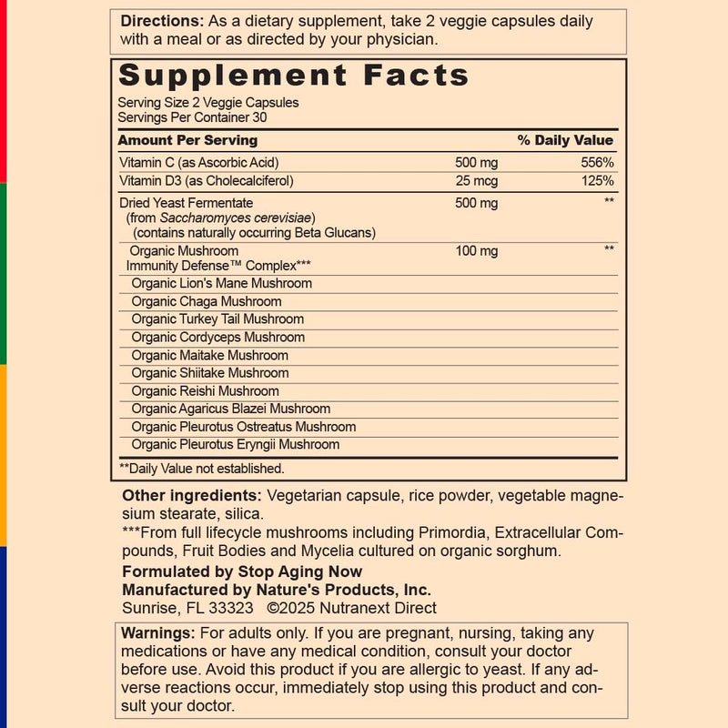 Stop Aging Now - Immune Support - with Vitamin C, Vitamin D3 and Mushroom Complex - 60 Vegetarian Capsules