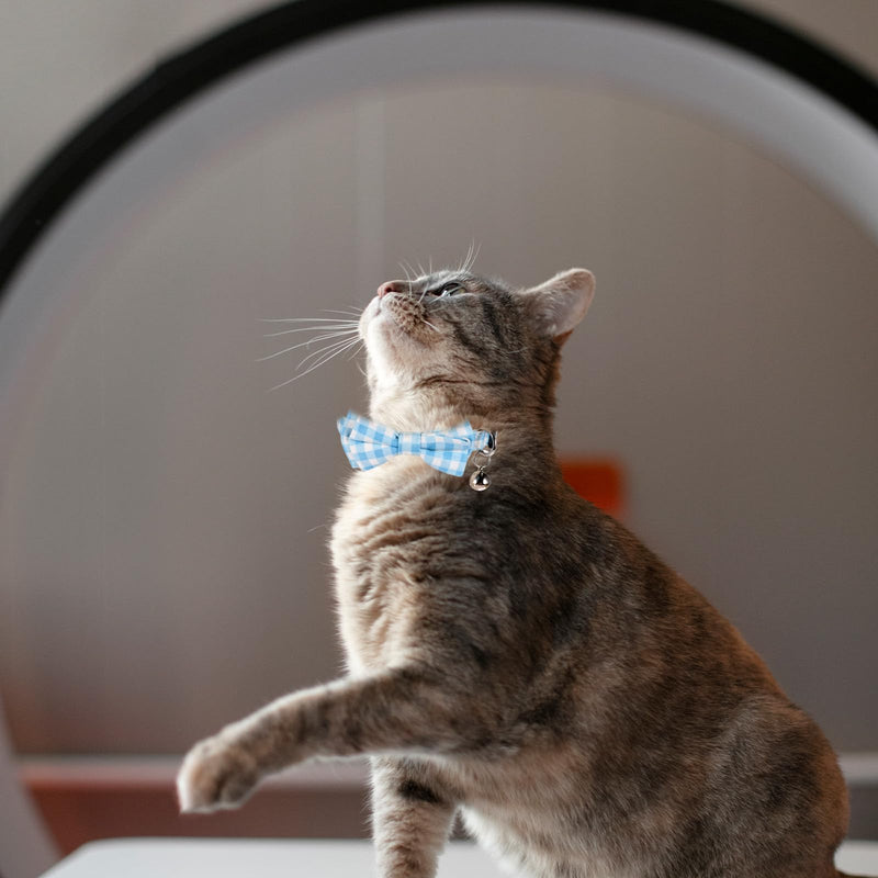Cute Cat Collar with Bell Adjustable Kitten Collar Bow Tie Collar for Boy Cats Small Pet Collar Classic Plaid & Solid Color Breakaway Safety Collar for Daily Wear (Blue) - BeesActive Australia