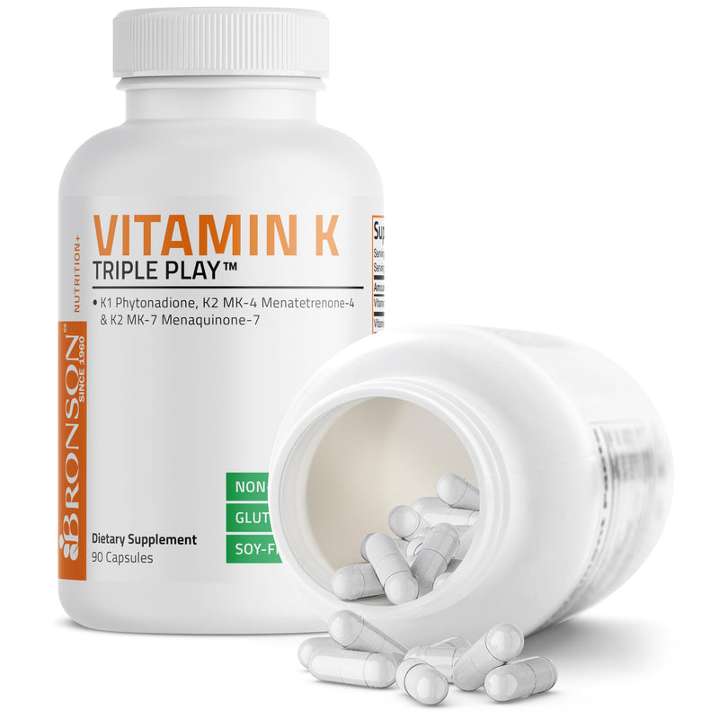 Bronson Vitamin K Triple Play Full Spectrum K1 & K2 MK-4/MK-7, 90 Capsules | 550 mcg Total Vitamin K: 100 mcg K1 + 450 mcg K2, Strong Bone Support, Non-GMO & Gluten-Free Unflavored 90 Count (Pack of 1)