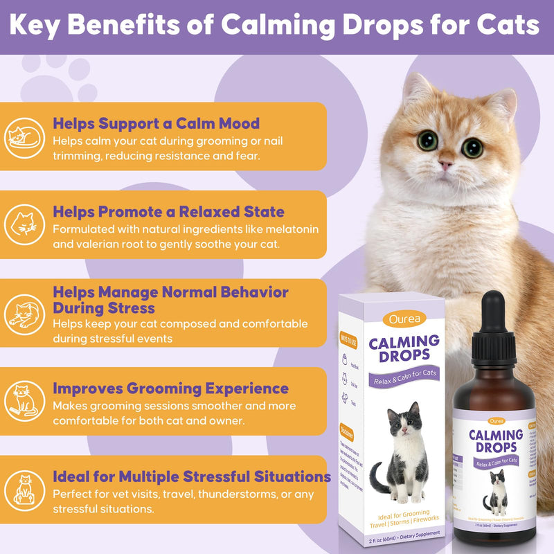 Cat Calming Drops for Grooming Travel & Vet Visits – Natural Supplement with Melatonin and Valerian Root, Supports Relaxation Comfort and Calm Behavior in Stressful Situations