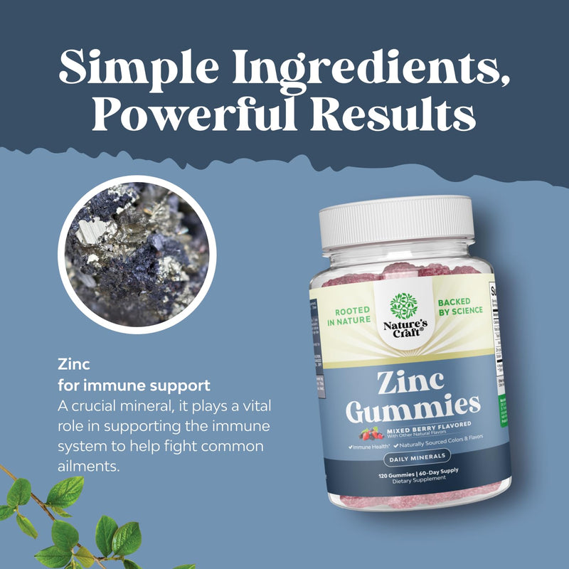 Extra Strength Zinc Gummies for Adults - Chewable Zinc Supplements for Women & Men for Energy & Immune Support - Vitamins & Mineral Supplements - 120 Count Mixed Berry 120 Count (Pack of 1)