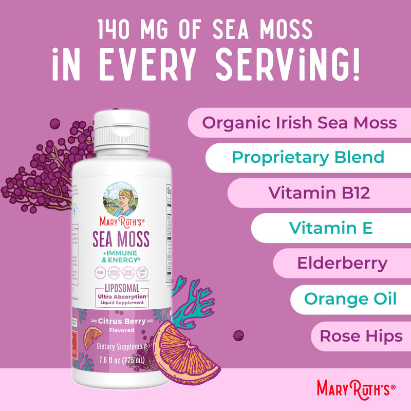 MARYRUTH'S Sea Moss + Immune & Energy Liposomal 140mg Irish Sea, 7.6 oz | 140mg Irish Sea Moss, Vitamin B12, Vitamin E, Elderberry, Rose Hip Oil, Orange Oil