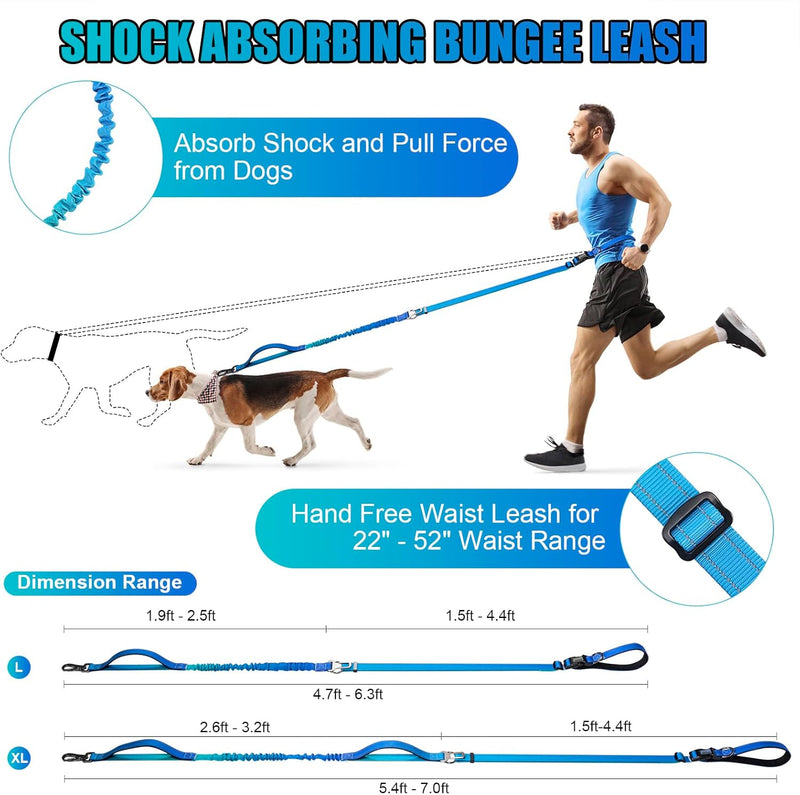 Heavy Duty Hands Free Dog Leash, 5-7 FT Reflective Adjustable Waist Dog Leash Belt with Padded Handles, Shock Absorbing Bungee and Car Seat Belt for Large Medium Dogs (Gradient Cobalt, XL) XL - 3 Handles, 5.4-7.0 FT Length Gradient Cobalt - BeesActive Australia