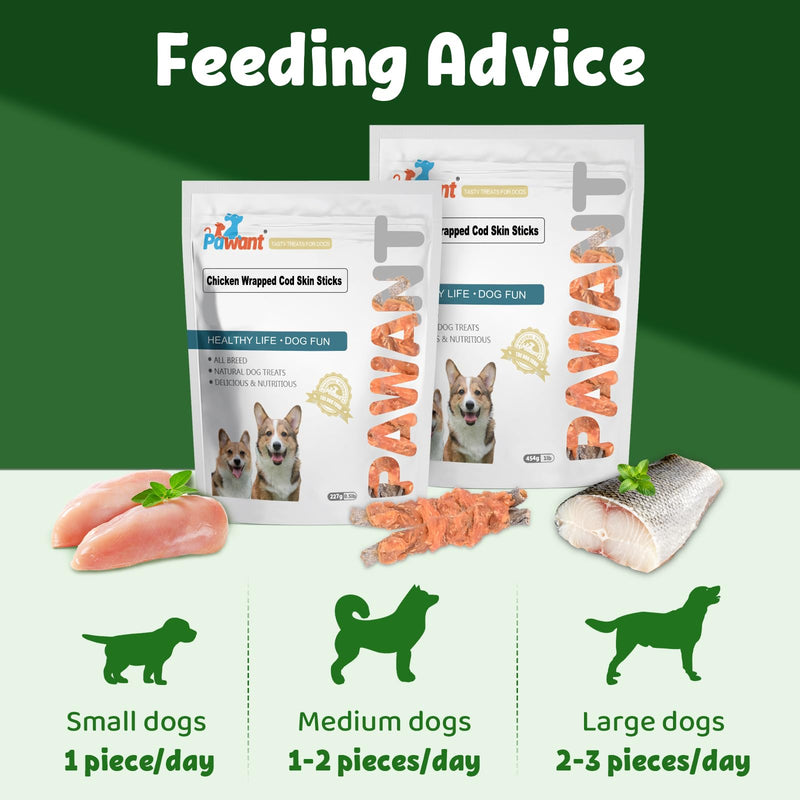 Chicken Wrapped Cod Skin Dog Treats, 45% Real Chicken & 45% Fish Skin - High Protein Omega-3 Dog Chews for Skin & Coat Health - Rawhide Free, Training Snacks for All Breeds 8 oz Chicken Wrapped Cod Skin Sticks 8 Ounce (Pack of 1)