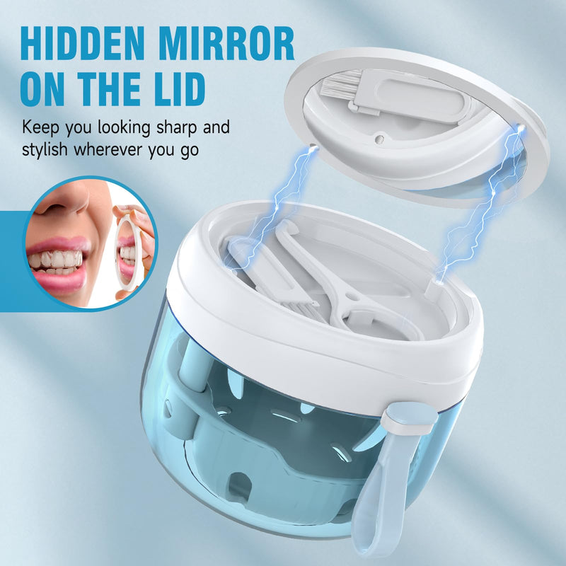 Denture Bath Box Cup, Leak Proof Denture Cup Kit Portable Retainer Case for Travel, Denture Case Cleaning Care for Dentures Aligner Mouth Guard with Denture Brush,Strainer, Removal Tool and Mirror White