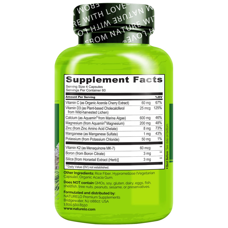 NATURELO Calcium Supplement with Vitamin C, D3, K2, 240 Vegetarian Capsules | Magnesium & Zinc for Bone Strength,Plant-Based Calcium 600mg , Non-GMO, Soy & Gluten-Free Unflavored 240 Count (Pack of 1)