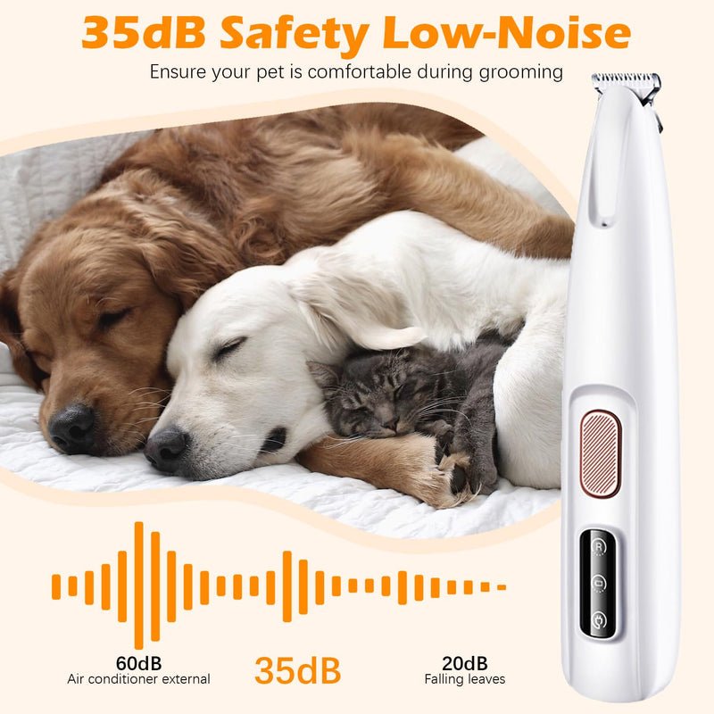 Dog Paw Trimmer with LED Light, 2025 Upgraded Pet Paw Trimmer for Dogs Cats Clippers Grooming Kit, 35dB Safety Low Noise Dog Paw Hair Trimmer Shavers for Paws Eyes Ears Face and Rump (White) White - BeesActive Australia