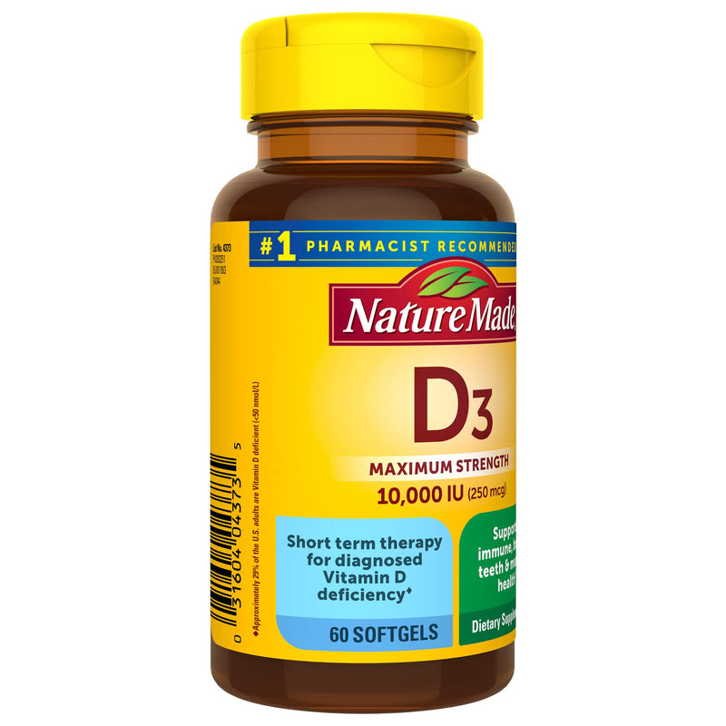 Nature Made Maximum Strength Vitamin D3 10000 IU (250 mcg), Dietary Supplement for Bone, Teeth, Muscle and Immune Health Support, 60 Softgels, 60 Day Supply Unflavored 60 Count (Pack of 1) - BeesActive Australia