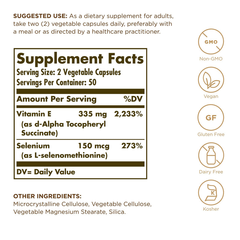 Solgar Dry Vitamin E with Yeast-Free Selenium - 100 Vegetable Capsules - Advanced Antioxidant Support - Non-GMO, Vegan, Gluten Free, Dairy Free, Kosher - 50 Servings 100 Count (Pack of 1)