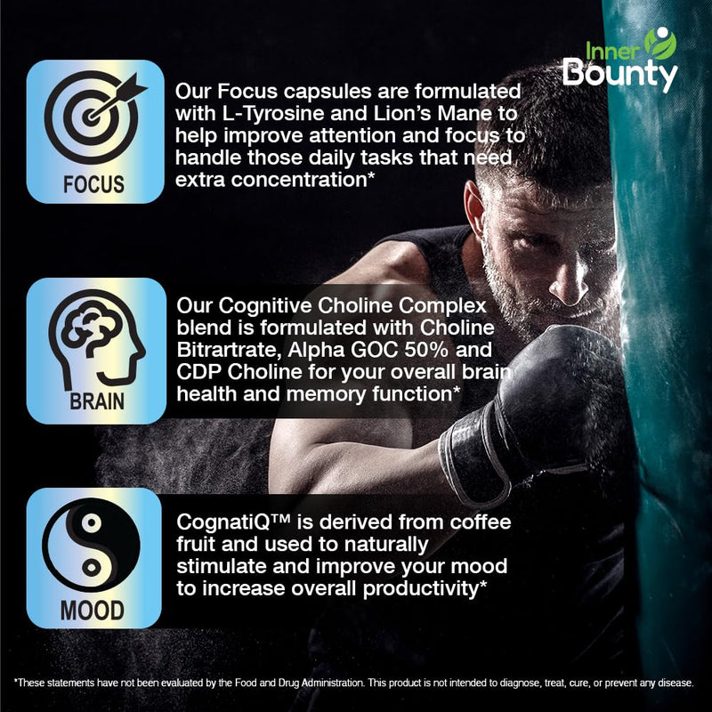 Focus 14-in-1 Nootropic Brain Supplement with Lions Mane, Alpha GPC Choline, Vitamin C & B12, Taurine, Bacopa - Energy, Cognitive, Memory Support, 60 Filler Free Capsules